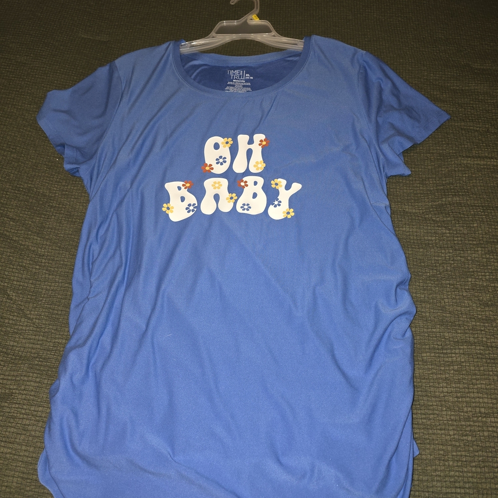 Time and Tru Blue Tee with Floral 'Oh Baby' Design